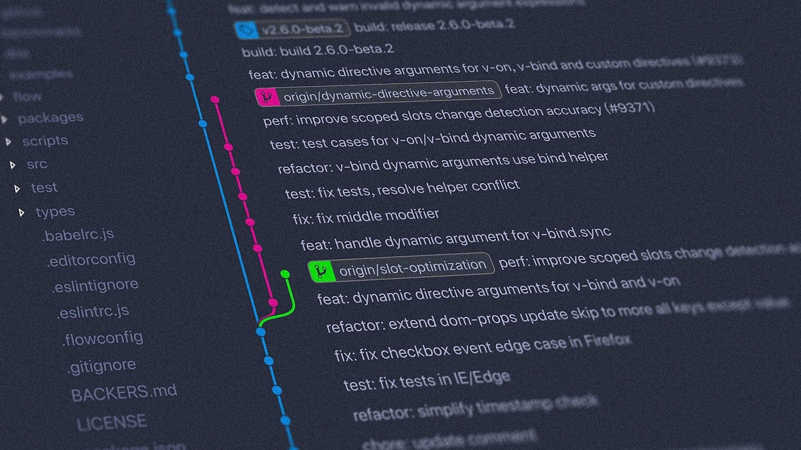 A commit history and file tree shown in a code editor