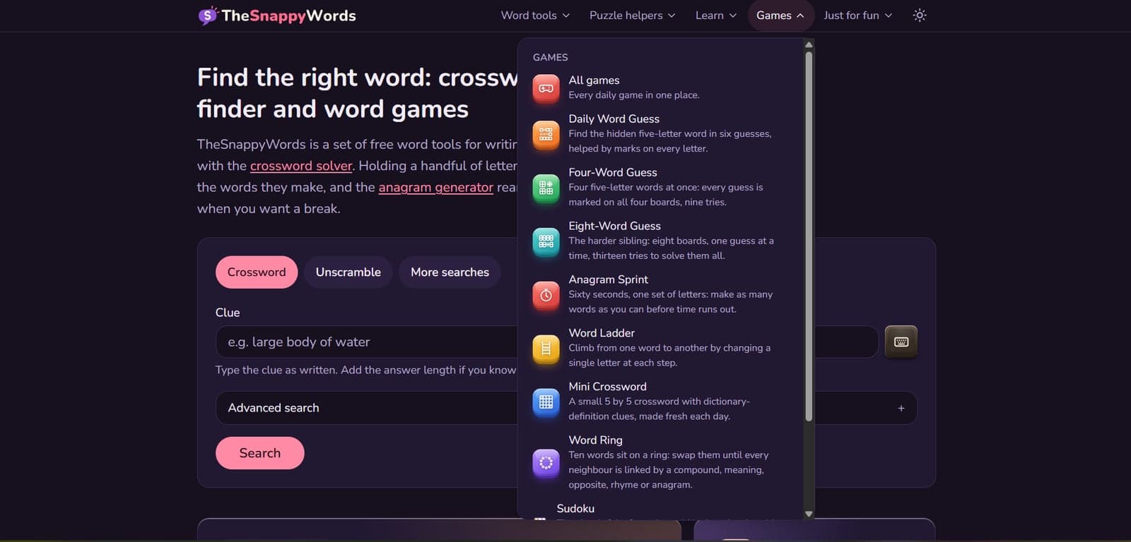 TheSnappyWords in dark mode with the Games menu open